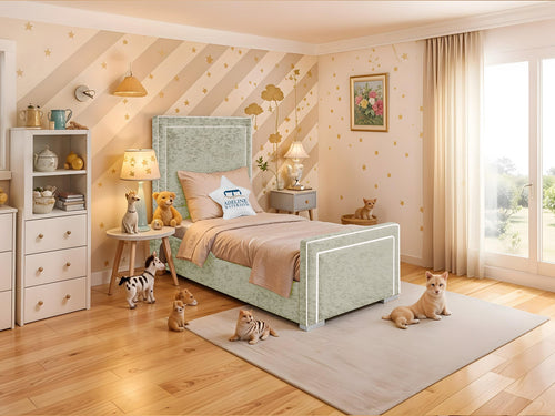 Oliver Bordered Panel Kids Upholstered Bed Set with Floor Standing Headboard & Footboard