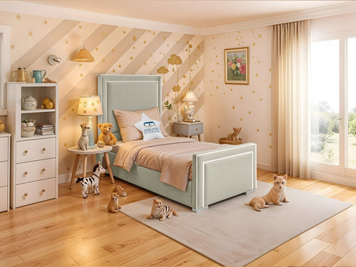 Oliver Bordered Panel Kids Upholstered Bed Set with Floor Standing Headboard & Footboard