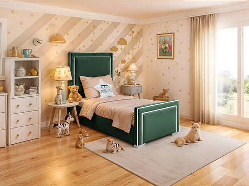 Oliver Bordered Panel Kids Upholstered Bed Set with Floor Standing Headboard & Footboard