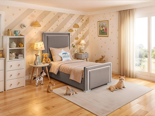 Oliver Bordered Panel Kids Upholstered Bed Set with Floor Standing Headboard & Footboard