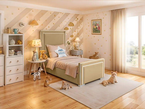 Oliver Bordered Panel Kids Upholstered Bed Set with Floor Standing Headboard & Footboard