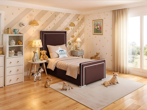 Oliver Bordered Panel Kids Upholstered Bed Set with Floor Standing Headboard & Footboard