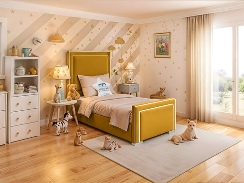 Oliver Bordered Panel Kids Upholstered Bed Set with Floor Standing Headboard & Footboard