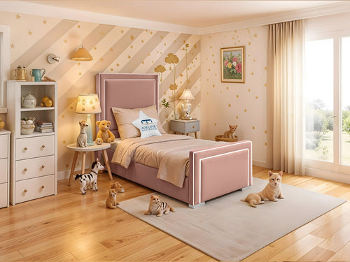 Oliver Bordered Panel Kids Upholstered Bed Set with Floor Standing Headboard & Footboard