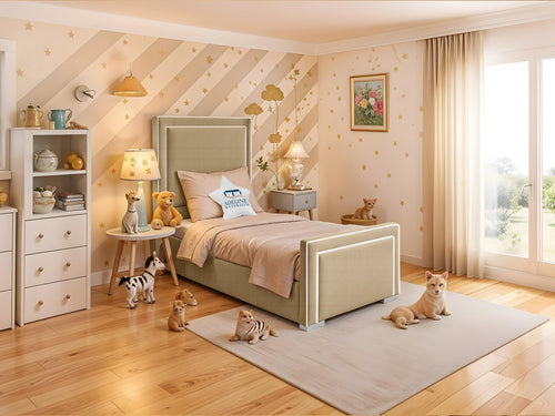 Oliver Bordered Panel Kids Upholstered Bed Set with Floor Standing Headboard & Footboard