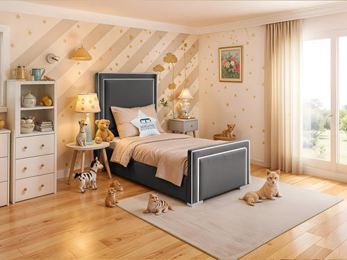 Oliver Bordered Panel Kids Upholstered Bed Set with Floor Standing Headboard & Footboard