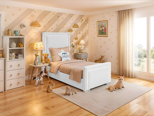 Oliver Bordered Panel Kids Upholstered Bed Set with Floor Standing Headboard & Footboard
