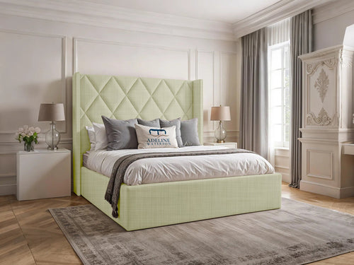 Olympus Diamond Panel Wingback Upholstered Bed Set with Floor Standing Headboard, Footboard & Storage Upgrade Option