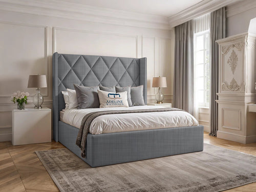 Olympus Diamond Panel Wingback Upholstered Bed Set with Floor Standing Headboard, Footboard & Storage Upgrade Option
