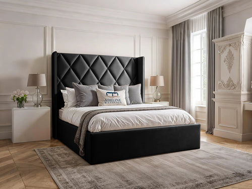 Olympus Diamond Panel Wingback Upholstered Bed Set with Floor Standing Headboard, Footboard & Storage Upgrade Option