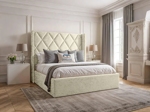 Olympus Diamond Panel Wingback Upholstered Bed Set with Floor Standing Headboard, Footboard & Storage Upgrade Option