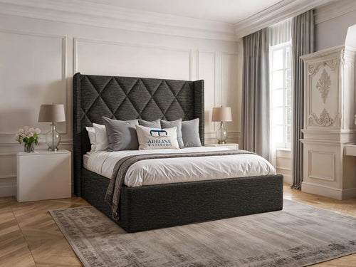 Olympus Diamond Panel Wingback Upholstered Bed Set with Floor Standing Headboard, Footboard & Storage Upgrade Option