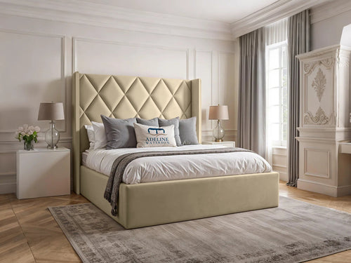 Olympus Diamond Panel Wingback Upholstered Bed Set with Floor Standing Headboard, Footboard & Storage Upgrade Option
