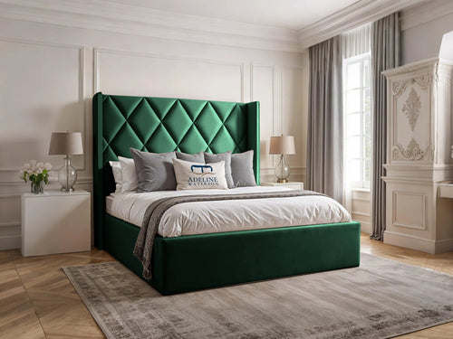 Olympus Diamond Panel Wingback Upholstered Bed Set with Floor Standing Headboard, Footboard & Storage Upgrade Option
