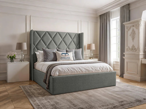 Olympus Diamond Panel Wingback Upholstered Bed Set with Floor Standing Headboard, Footboard & Storage Upgrade Option