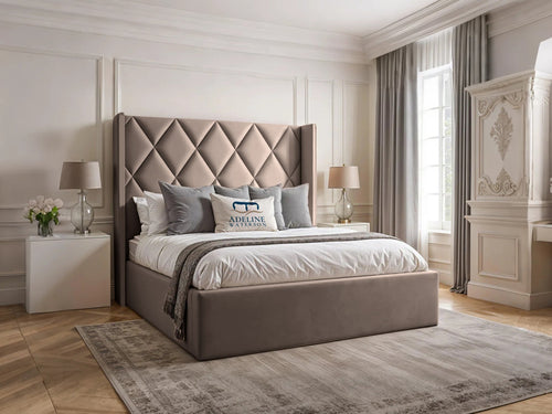 Olympus Diamond Panel Wingback Upholstered Bed Set with Floor Standing Headboard, Footboard & Storage Upgrade Option