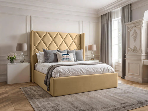 Olympus Diamond Panel Wingback Upholstered Bed Set with Floor Standing Headboard, Footboard & Storage Upgrade Option