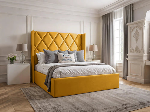 Olympus Diamond Panel Wingback Upholstered Bed Set with Floor Standing Headboard, Footboard & Storage Upgrade Option