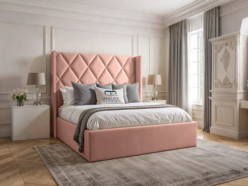 Olympus Diamond Panel Wingback Upholstered Bed Set with Floor Standing Headboard, Footboard & Storage Upgrade Option