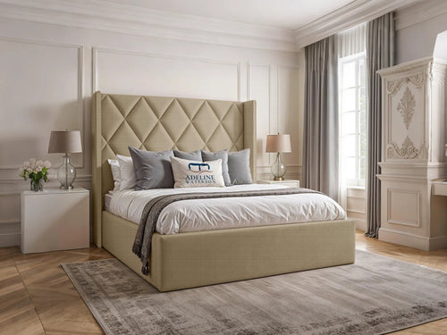 Olympus Diamond Panel Wingback Upholstered Bed Set with Floor Standing Headboard, Footboard & Storage Upgrade Option