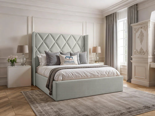 Olympus Diamond Panel Wingback Upholstered Bed Set with Floor Standing Headboard, Footboard & Storage Upgrade Option