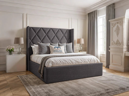 Olympus Diamond Panel Wingback Upholstered Bed Set with Floor Standing Headboard, Footboard & Storage Upgrade Option