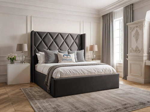 Olympus Diamond Panel Wingback Upholstered Bed Set with Floor Standing Headboard, Footboard & Storage Upgrade Option