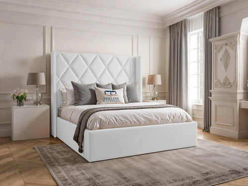 Olympus Diamond Panel Wingback Upholstered Bed Set with Floor Standing Headboard, Footboard & Storage Upgrade Option