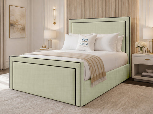Onyx Piped Border Upholstered Bed Set with Floor Standing Headboard, Footboard & Storage Upgrade Option