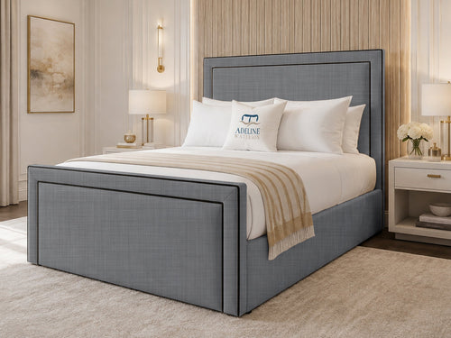 Onyx Piped Border Upholstered Bed Set with Floor Standing Headboard, Footboard & Storage Upgrade Option