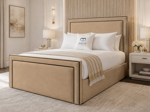 Onyx Piped Border Upholstered Bed Set with Floor Standing Headboard, Footboard & Storage Upgrade Option