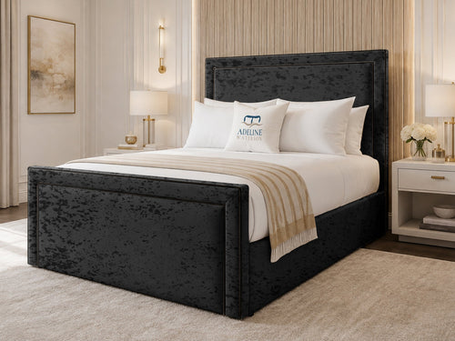 Onyx Piped Border Upholstered Bed Set with Floor Standing Headboard, Footboard & Storage Upgrade Option