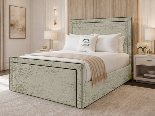 Onyx Piped Border Upholstered Bed Set with Floor Standing Headboard, Footboard & Storage Upgrade Option