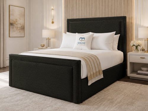 Onyx Piped Border Upholstered Bed Set with Floor Standing Headboard, Footboard & Storage Upgrade Option