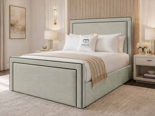Onyx Piped Border Upholstered Bed Set with Floor Standing Headboard, Footboard & Storage Upgrade Option