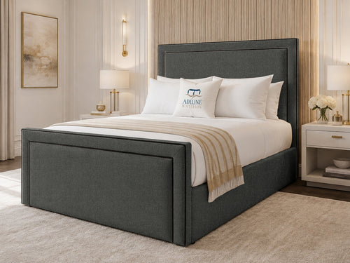 Onyx Piped Border Upholstered Bed Set with Floor Standing Headboard, Footboard & Storage Upgrade Option