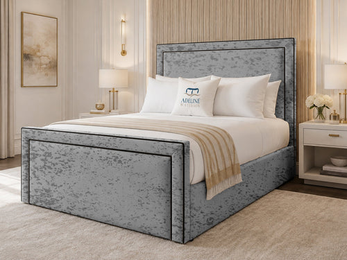 Onyx Piped Border Upholstered Bed Set with Floor Standing Headboard, Footboard & Storage Upgrade Option