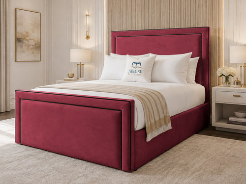 Onyx Piped Border Upholstered Bed Set with Floor Standing Headboard, Footboard & Storage Upgrade Option