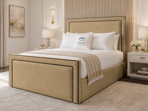 Onyx Piped Border Upholstered Bed Set with Floor Standing Headboard, Footboard & Storage Upgrade Option