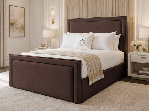 Onyx Piped Border Upholstered Bed Set with Floor Standing Headboard, Footboard & Storage Upgrade Option