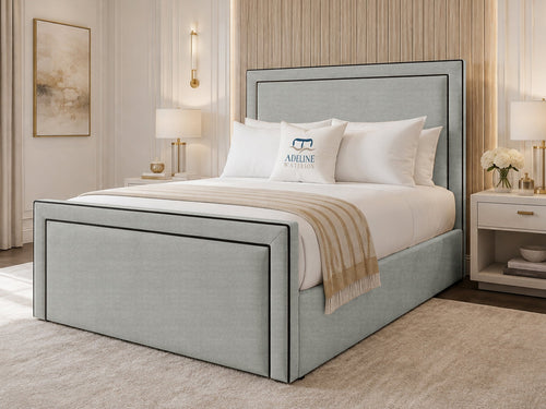 Onyx Piped Border Upholstered Bed Set with Floor Standing Headboard, Footboard & Storage Upgrade Option