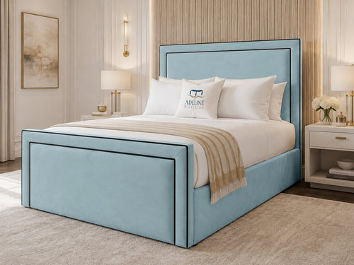 Onyx Piped Border Upholstered Bed Set with Floor Standing Headboard, Footboard & Storage Upgrade Option
