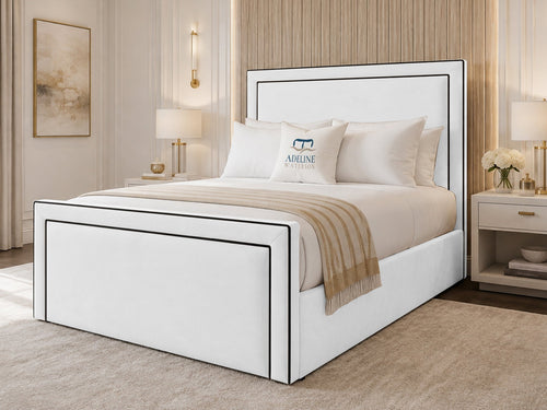 Onyx Piped Border Upholstered Bed Set with Floor Standing Headboard, Footboard & Storage Upgrade Option