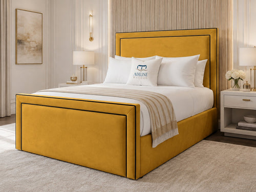Onyx Piped Border Upholstered Bed Set with Floor Standing Headboard, Footboard & Storage Upgrade Option