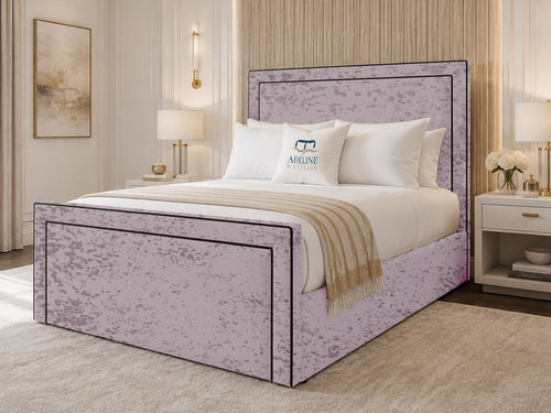Onyx Piped Border Upholstered Bed Set with Floor Standing Headboard, Footboard & Storage Upgrade Option