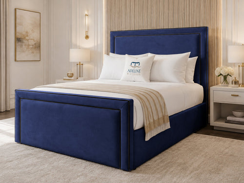 Onyx Piped Border Upholstered Bed Set with Floor Standing Headboard, Footboard & Storage Upgrade Option