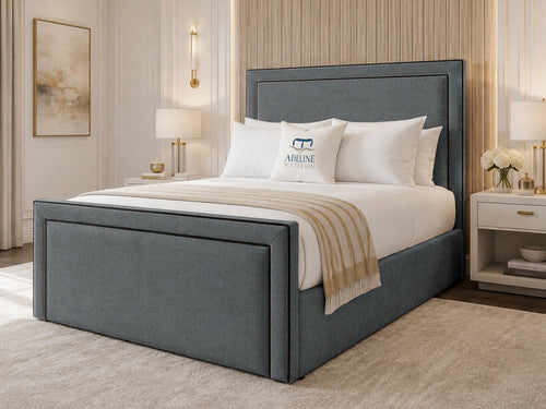 Onyx Piped Border Upholstered Bed Set with Floor Standing Headboard, Footboard & Storage Upgrade Option