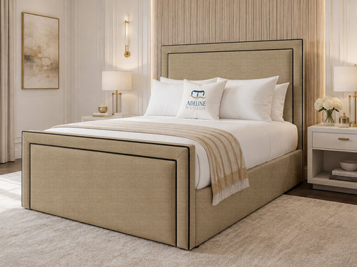 Onyx Piped Border Upholstered Bed Set with Floor Standing Headboard, Footboard & Storage Upgrade Option