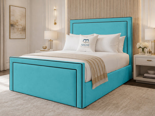 Onyx Piped Border Upholstered Bed Set with Floor Standing Headboard, Footboard & Storage Upgrade Option
