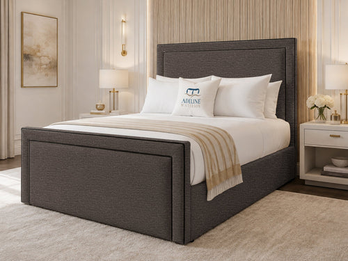 Onyx Piped Border Upholstered Bed Set with Floor Standing Headboard, Footboard & Storage Upgrade Option